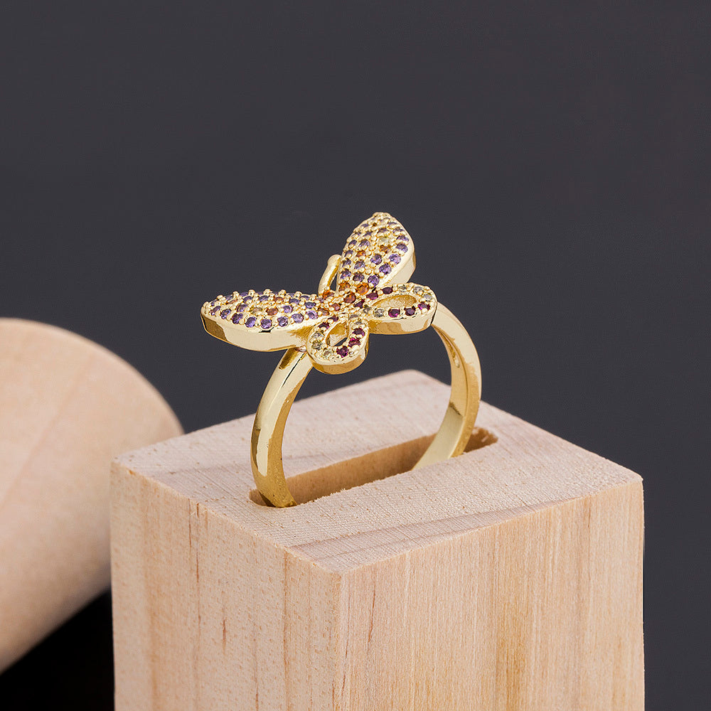 Womens Butterfly Ring With Rhinestones Gold Plated Copper Adjustable Open Band Korean Fashion Jewelry Gift Now