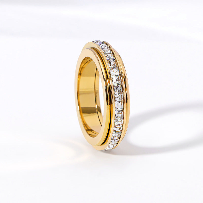 Square Diamond Rotating Starry Titanium Steel Ring For Women Chamfered Square Pattern Elegant Jewelry Size US 9