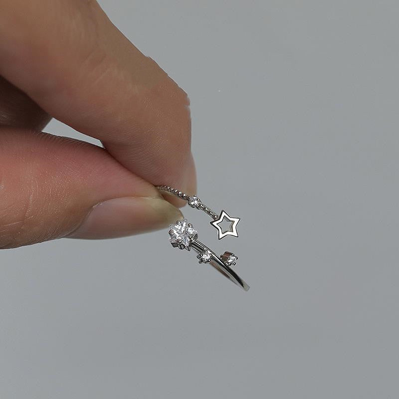 Double Layer Pentagram Star Ring Adjustable Opening White Gold Plated Copper With Alloy Inlaid Artificial Gems