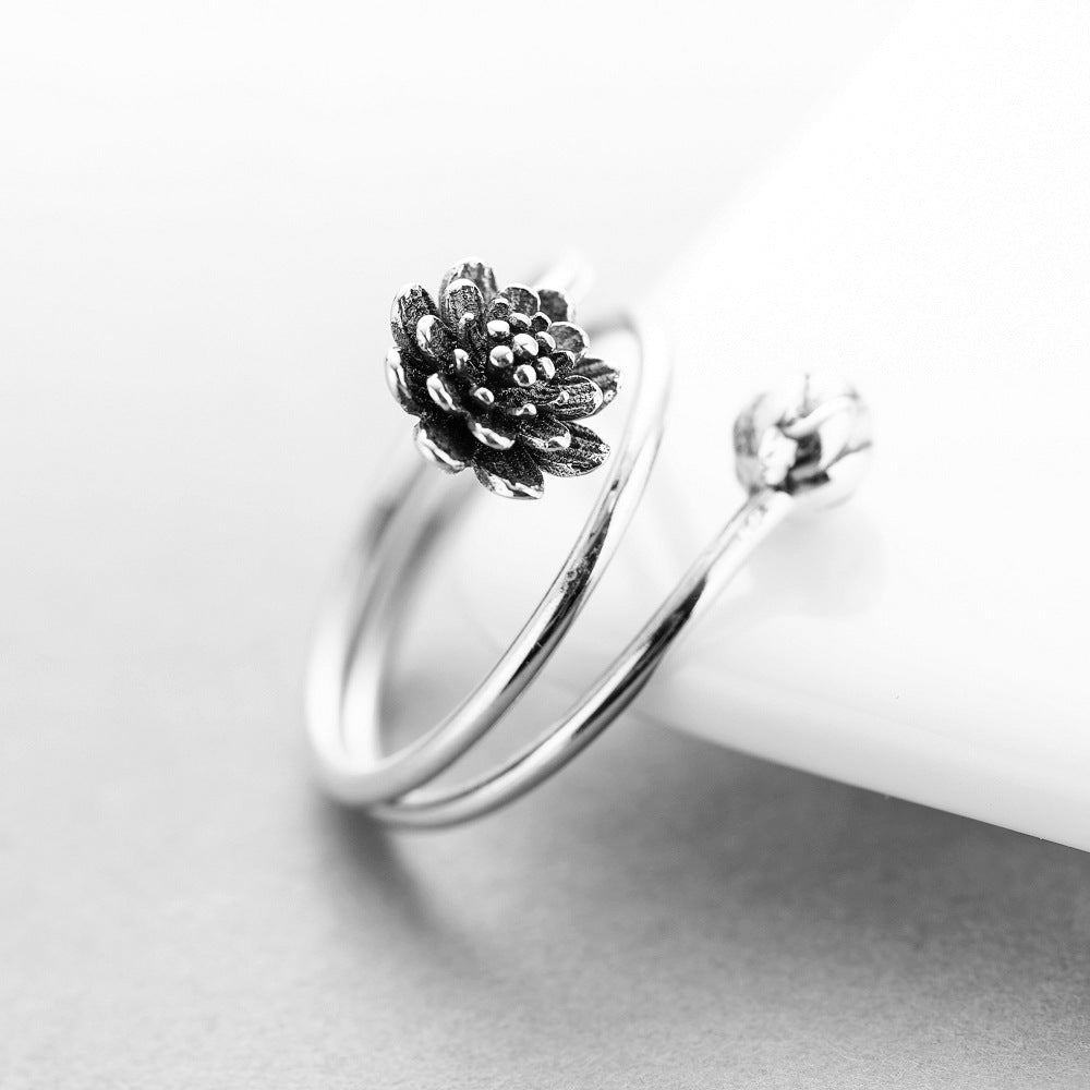 Lotus Flower Vintage Electroplated Unisex Ring Adjustable Opening 925 Silver Purity Birthday Gift Lotus Flower