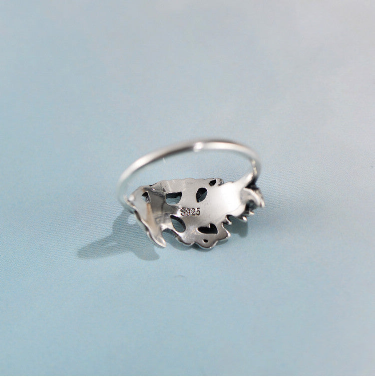 Vintage Thai Feather Ring Hollow Leaf Design Lightweight 925 Sterling Silver Closed Mouth Jewelry Gift For Everyday Use