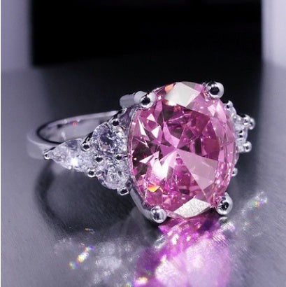 Women Pink Crystal Ring Princess Cut Simulated Diamond Goose Egg Shape Engagement Gift Silver Tone Best Choice