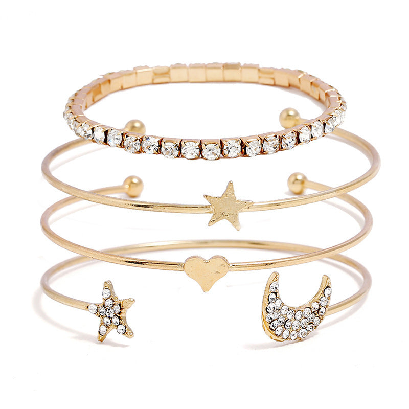 Womens Copper Bracelet Set of 4 Star Diamond Inlaid Star Design Jewelry in KC Gold White K Plated Elegant Set