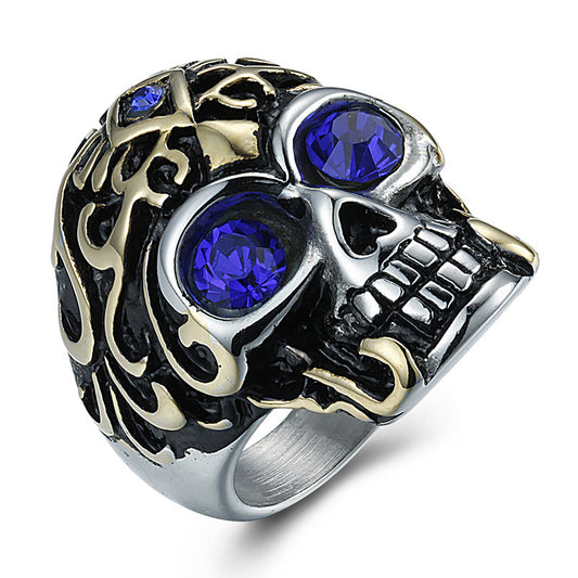 Mens 18K Gold Plated Stainless Steel Skull Ring European Ghost Head Customizable Inlaid Gemstone Rings For Men