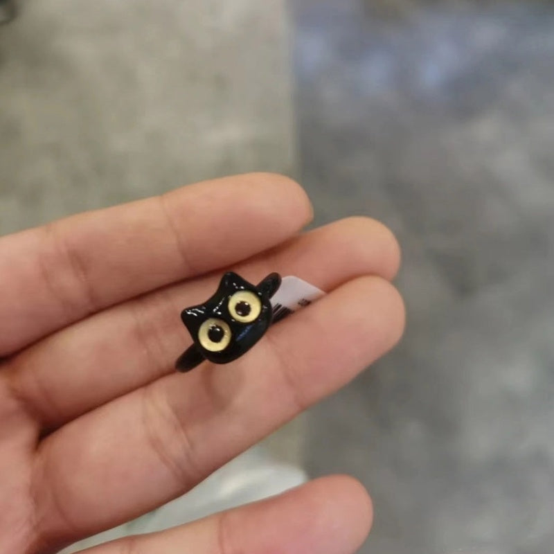 Women's Open Ring Featuring Cute Animal Design Adjustable Alloy Ring With Black Kitty Cat And Cartoon Rabbit Cute