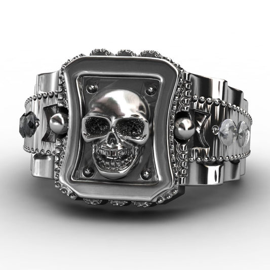 Skull Punk Alloy Ring Black Gemstone Mosaic Mens Ring European American Style Inlay Size 8th 9th 10th 11th New