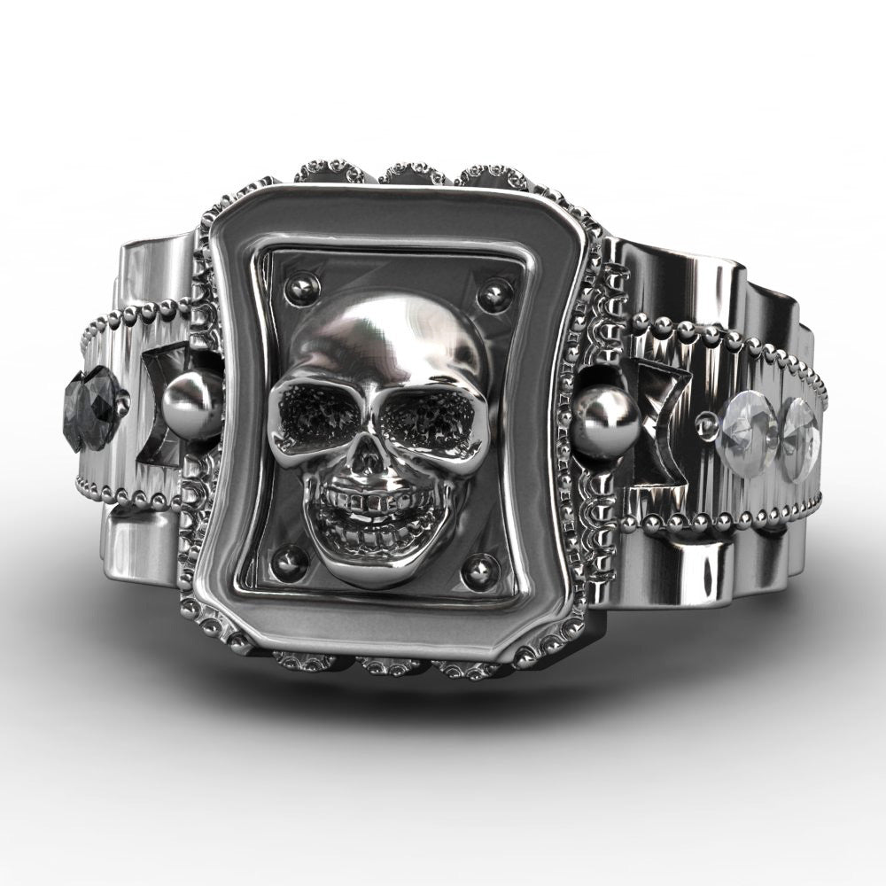 Skull Punk Alloy Ring Black Gemstone Mosaic Mens Ring European American Style Inlay Size 8th 9th 10th 11th New