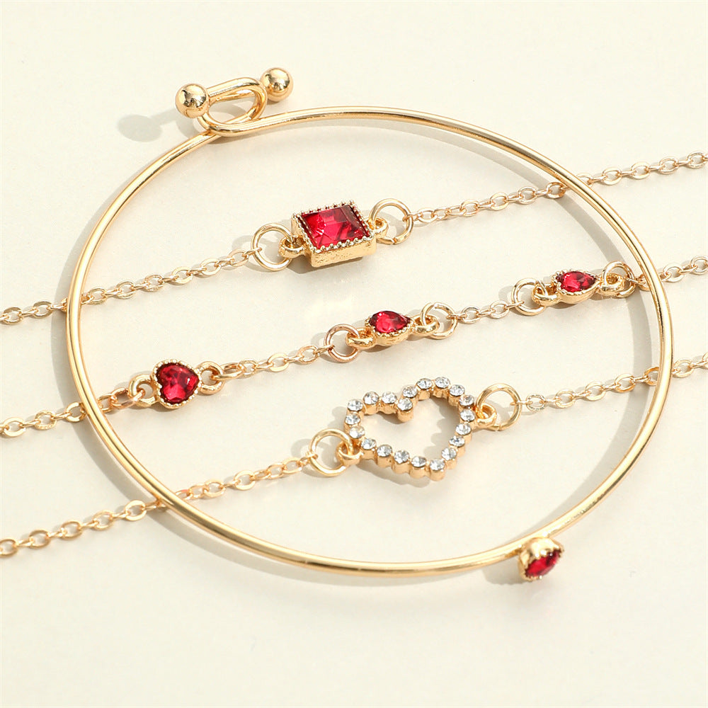 Womens Gem Heart Bracelet Jeweled Loving Peach Heart Zinc Alloy Bangle Set Jewelry Gift Gemstone Heart For Her