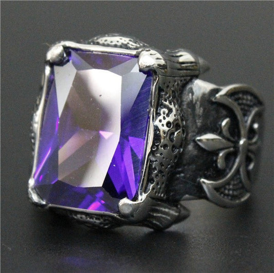 Stainless Steel Anchor Ring With Black Red Purple Stone Accents Polished Biker Jewelry For Men Everyday Styles