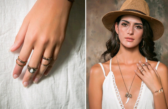 Women Ring Set Vintage Turquoise Mosaic Stackable Jewelry Bohemian Inspired Alloy Plated Gemstone Fashion Jewelry