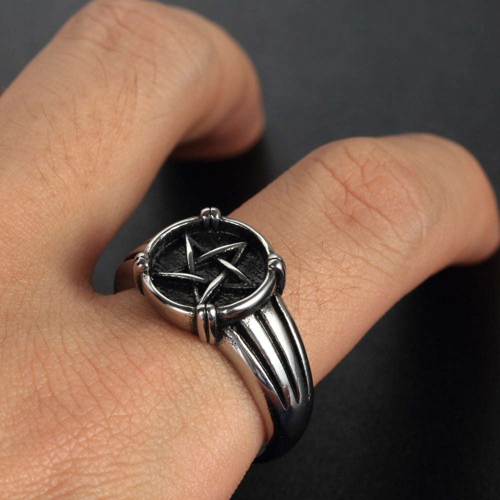 Men's Stainless Steel Pentagram Ring European American Retro Geometric Ring Travel Commemoration Gift Statement Jewelry