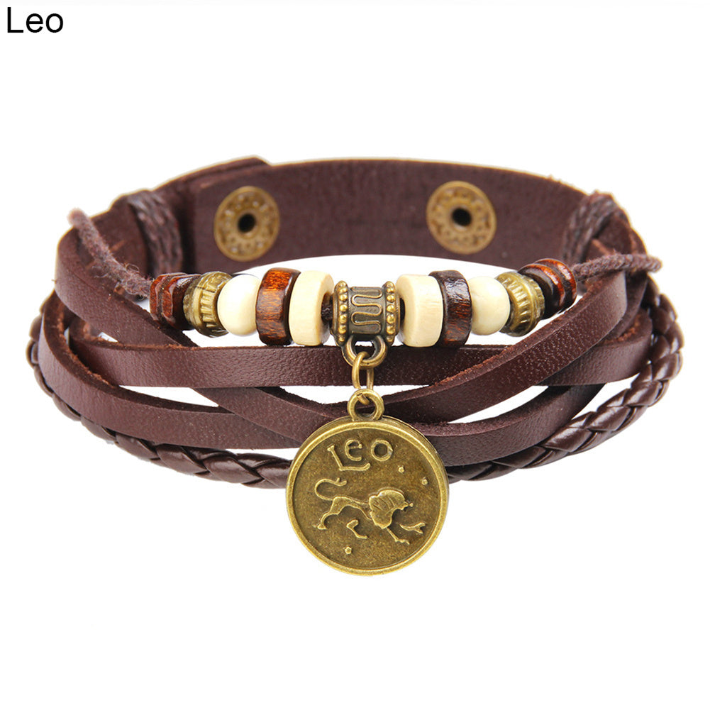 Unisex Astrological Sign Bracelet With Coin Charm And Layered Leather Bangle For Festival And Daily Wear Gift