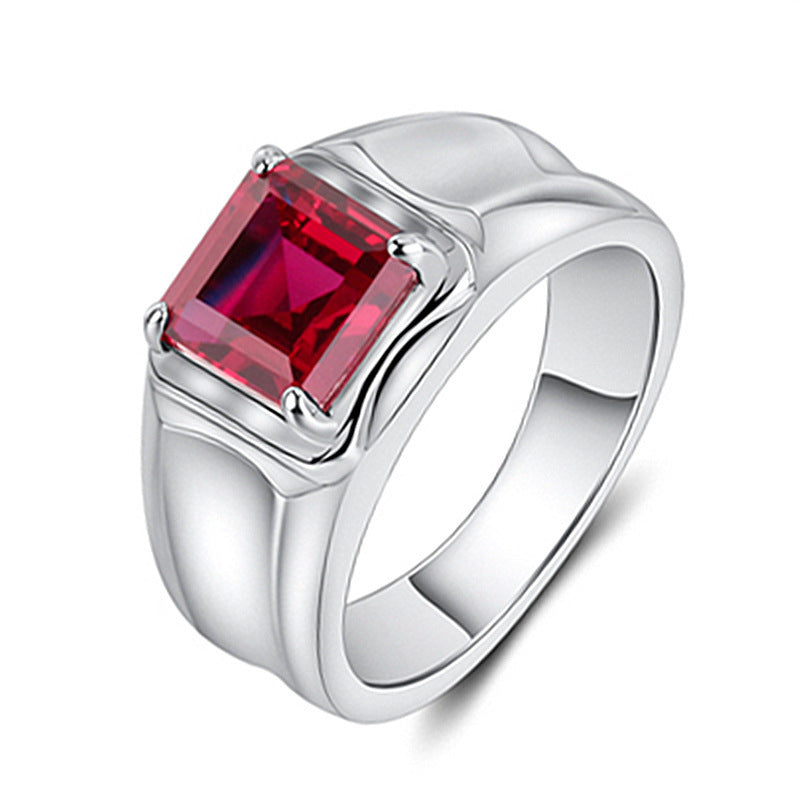 White Gold Plated Blue Green Ruby Men Ring Geometric Korean Style Jewelry Gift Box Ready For Weddings And Everyday Wear