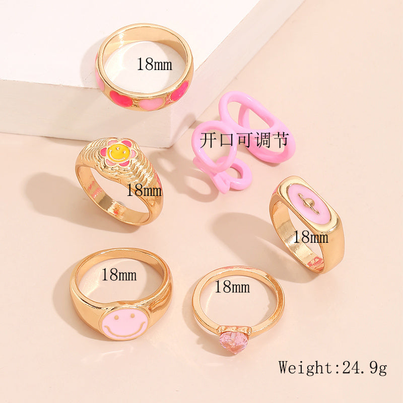 Womens Korean Geometric Ring Set With Smiley Face And Heart Design Zinc Alloy Fashion Jewelry Gift For Her Now