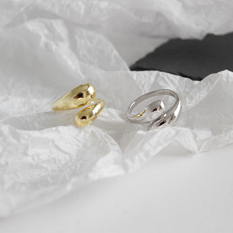 Unisex Open End Ring Geometric Water Drop Design Korean Gift Minimalist Glossy Gold Silver Plated Copper Band Ring