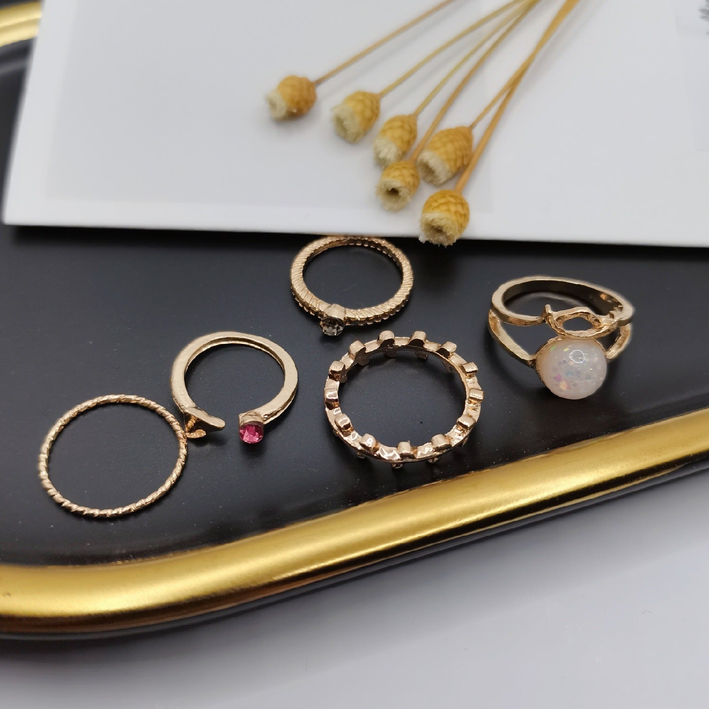 Retro Geometric Joint Rings Electroplated Gemstone Fashion Jewelry Set Alloy Knuckle Ring Travel Souvenir Gift