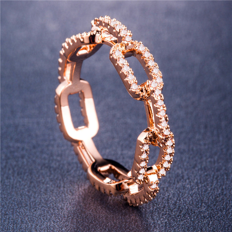 Zircon Inlaid Lock Chain Ring Gold Plated Copper Geometric