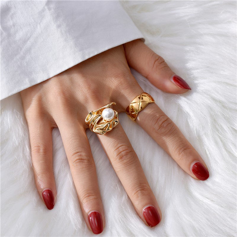 Pearl Ring With Leaves Metal Vintage Geometric Style Electroplating Processing Type Modeling Material Geometric