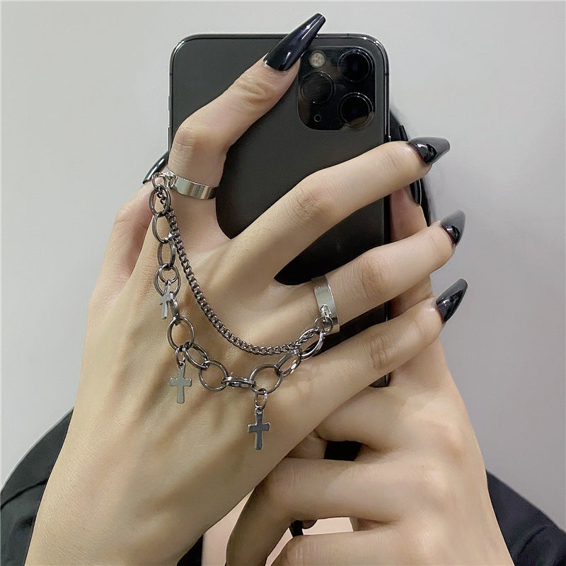 Womens Alloy Cross Ring Set Punk Hip Hop Chain Accessory
