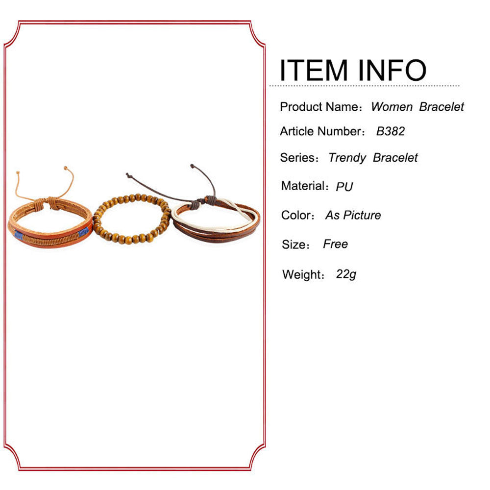 Braided Leather Bracelet With Wooden Beads Adjustable