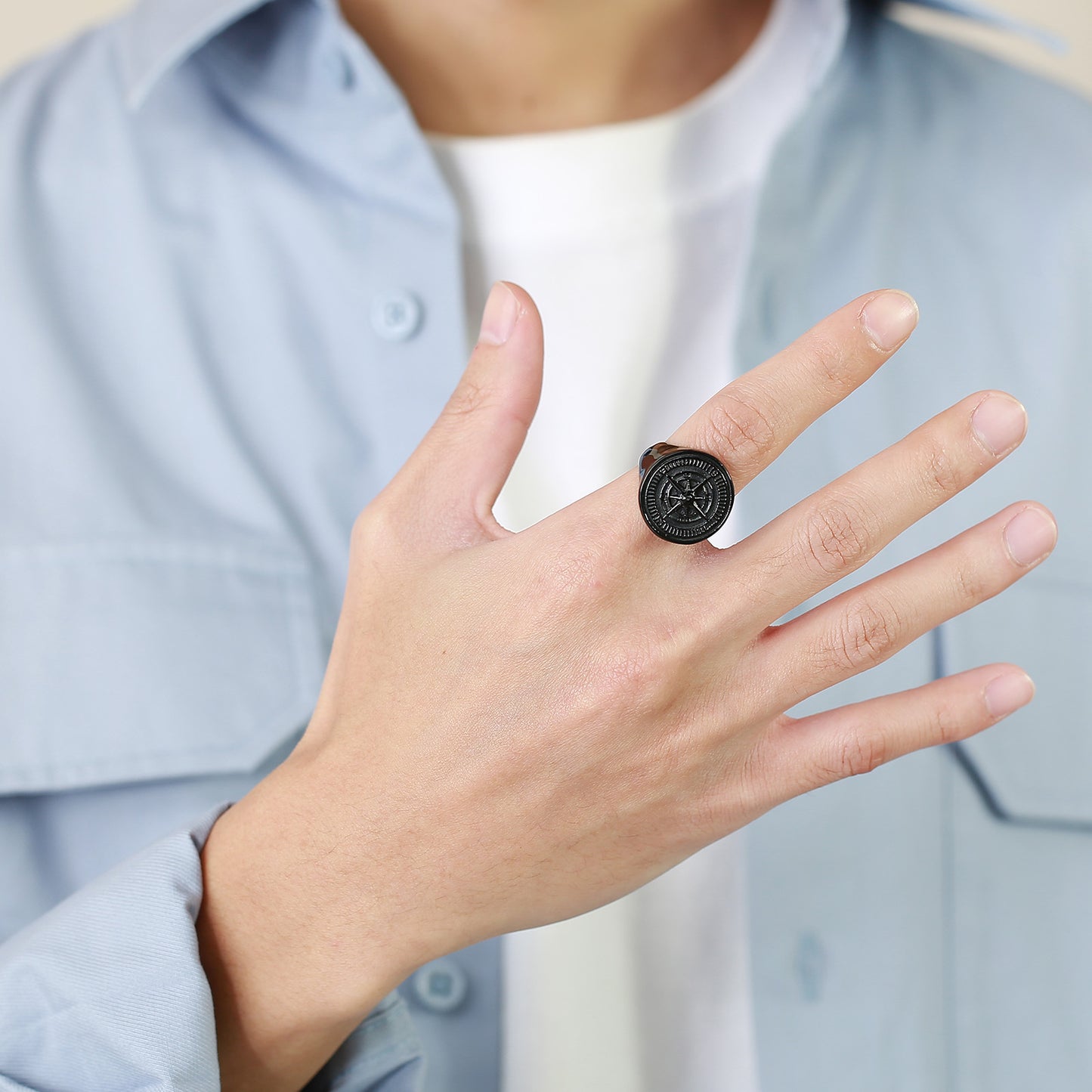 Stainless Steel Compass Ring Black Round Mens Fashion Accessory Durable Lightweight Gift Idea for Him Everyday