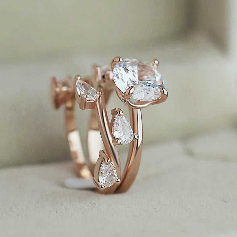 Leaf Shaped Zircon Ring Rose Gold Plated Copper Jewelry Elegant Statement Ring For Women Size No 6 To No 10 Ring