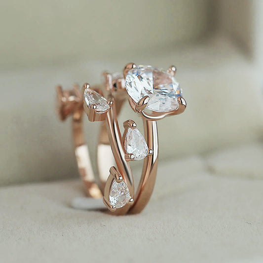 Leaf Shaped Zircon Ring Rose Gold Plated Copper Jewelry Elegant Statement Ring For Women Size No 6 To No 10 Ring