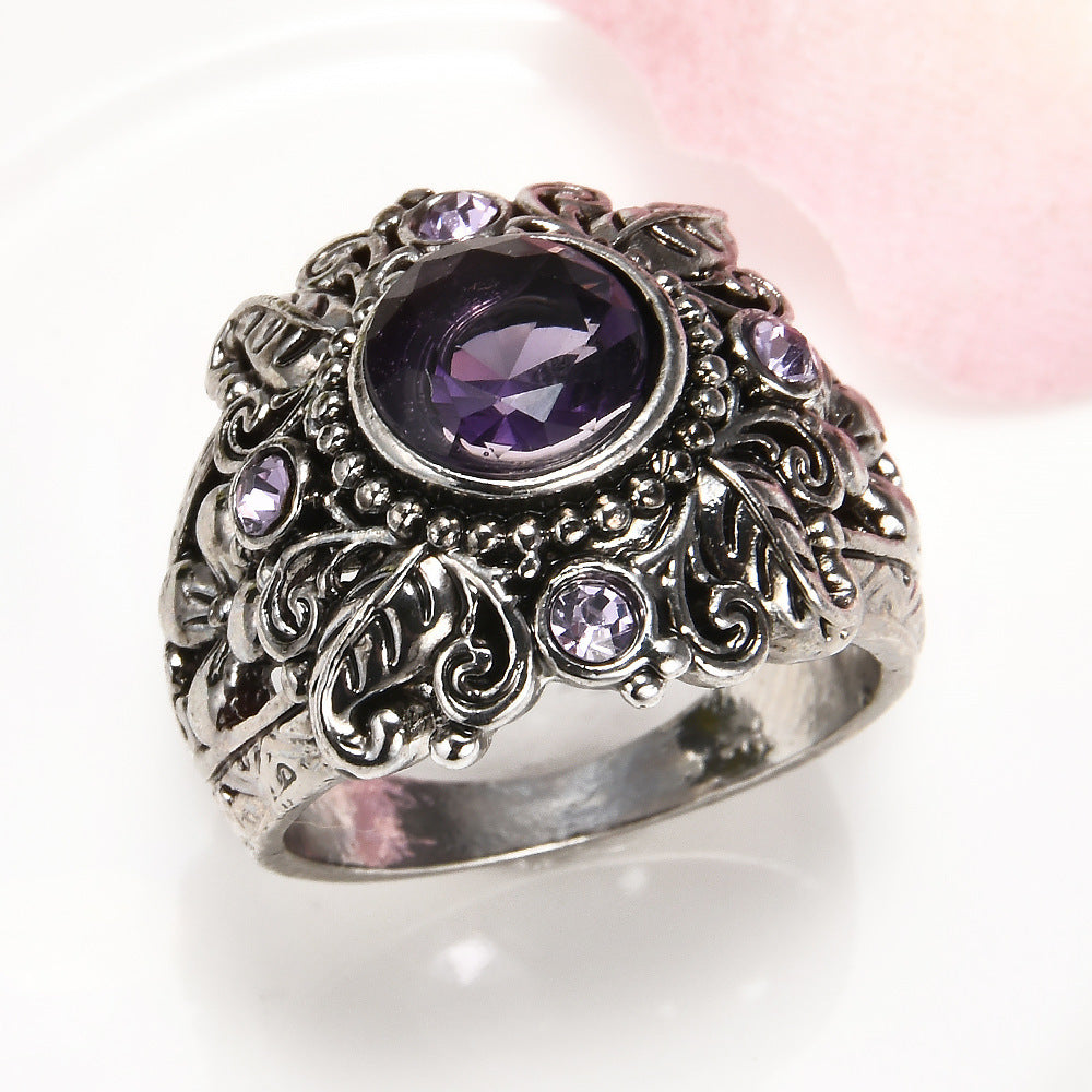 Amethyst Ring Silver Flower Design Retro Thai Style Carved Metal Jewelry For Women And Girls Everyday Wear Gift