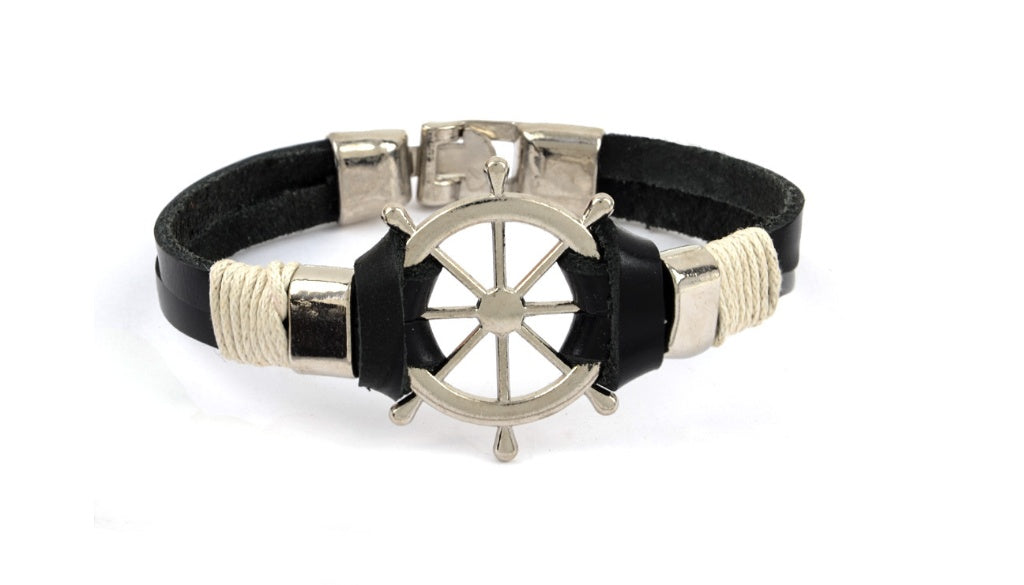 Rudder Anchor Leather Bracelet Nautical Theme Lightweight Plated Alloy Jewelry For Men For Casual Everyday Use