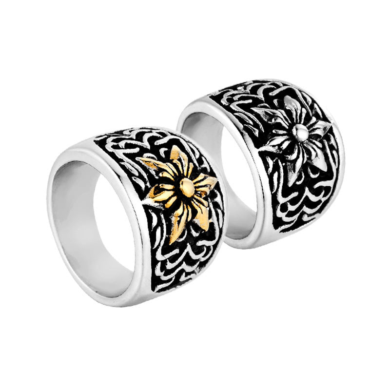 Mens Titanium Steel Cross Flower Ring Rock Fashion Polished Durable High Quality Jewelry Accessories Wear Gift