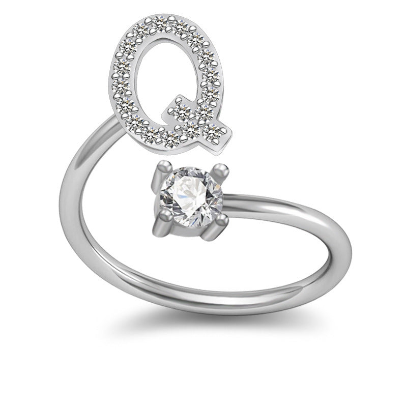 Womens Initial Rings Adjustable Copper Letter Ring With Sterling Silver Gem Inlay Fine European Jewelry A to Z