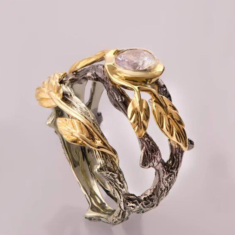 Gold Plated Branch Ring With Zircon Inlaid European Style Metal Jewels For Festivals And Fashion Festival Gift