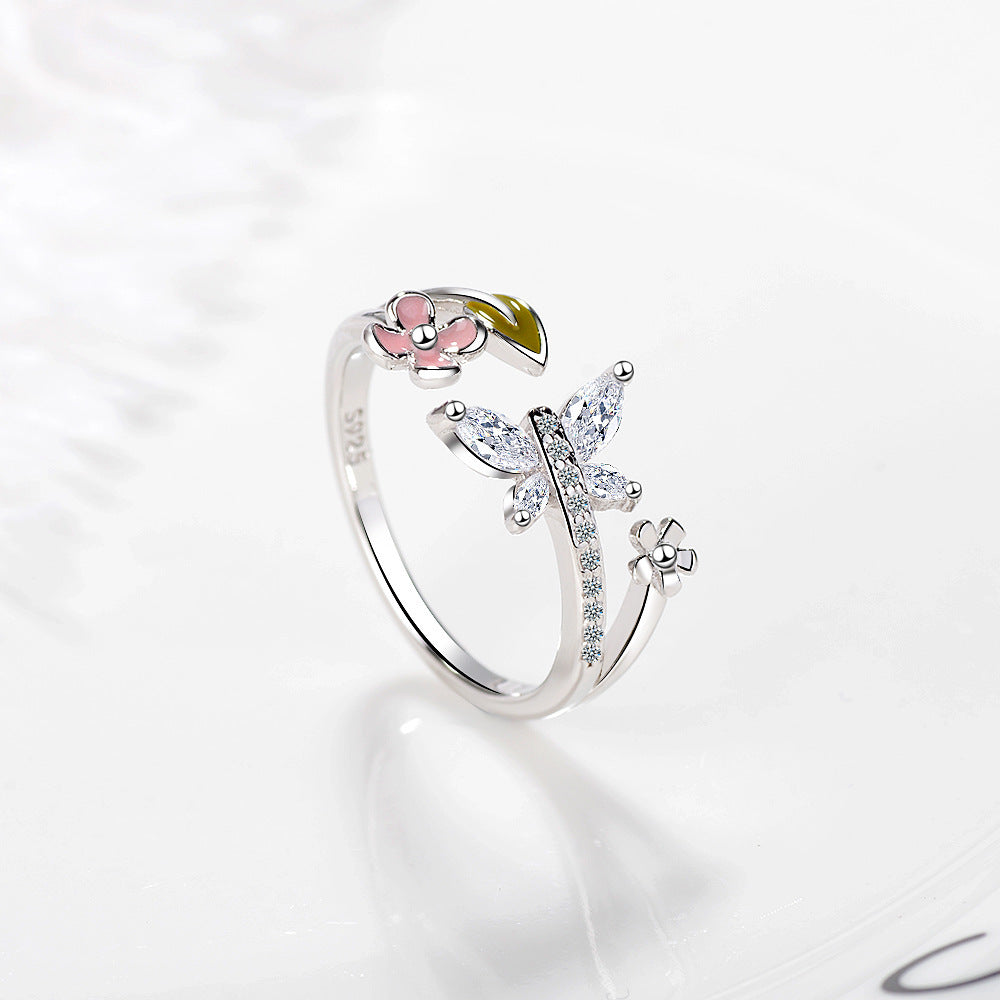 Womens Rhinestone Flower Ring Adjustable 17mm Inner Diameter Platinum Zircon Jewelry Japanese Korean Style Pro