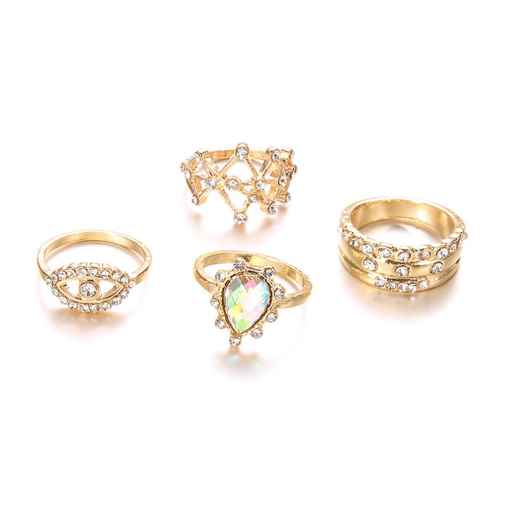 Womens Fashion Jewelry Ring Set Golden Devil Eye Star And Water Drop Design Alloy Plated Travel Collection Now