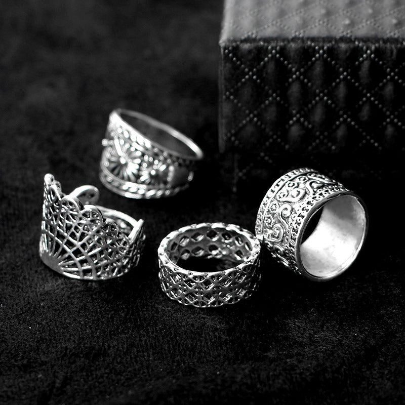 Vintage Retro Court Ring Set Four Piece Openwork Carved Fan Shaped Rings European American Simplicity Jewellery