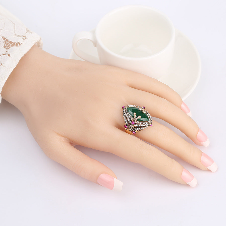 Womens Alloy Ring With Zircon Inlaid Emerald Bohemian Hollow Design Jewelry Gift For Her Size 7 8 Boho Sparkle