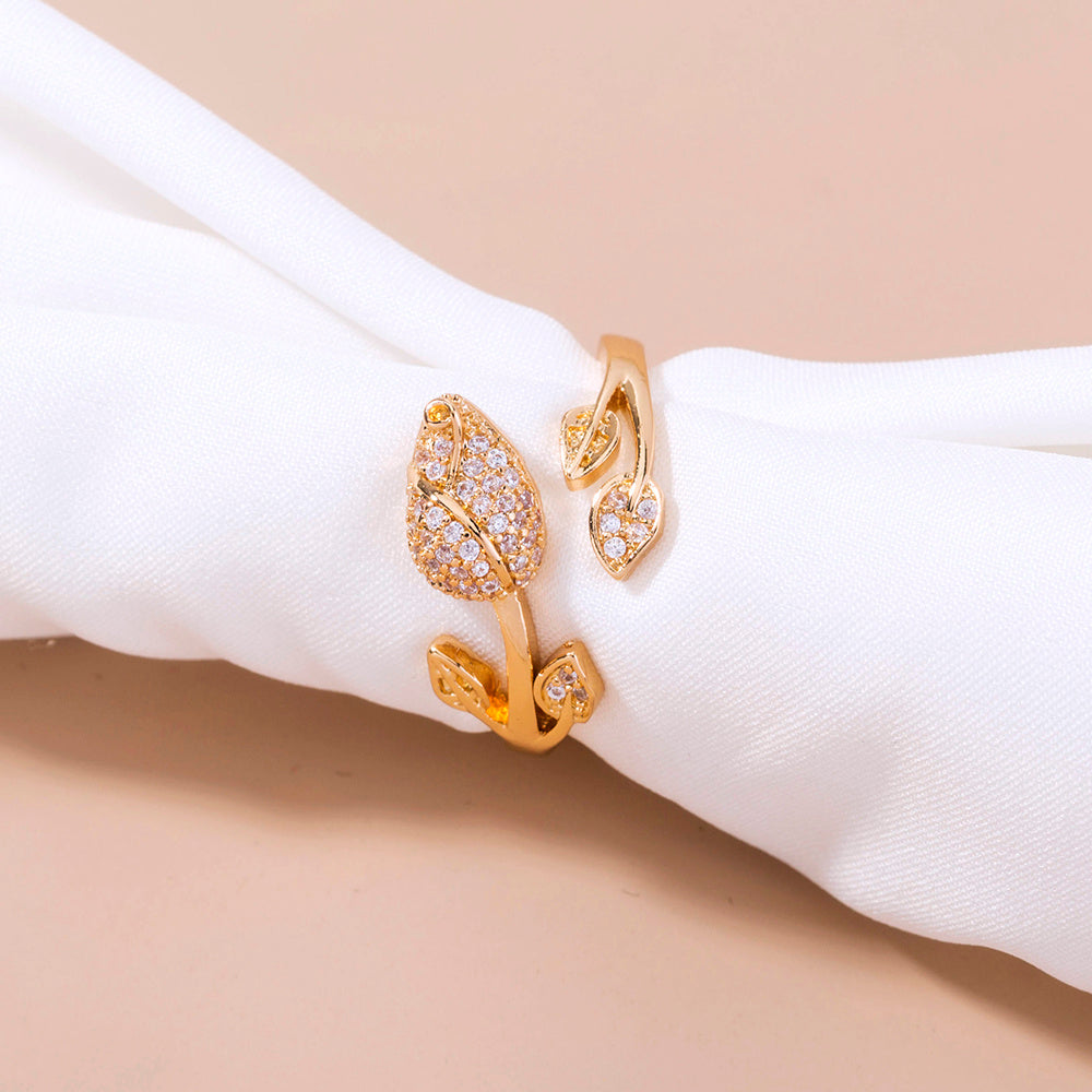 Womens Romantic Rose Ring With Zircon MicroInlaid Flower Design Adjustable Copper Electroplated Ring European