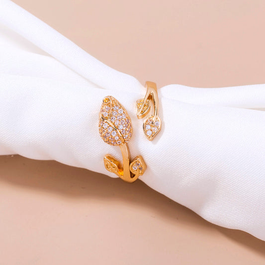 Womens Romantic Rose Ring With Zircon MicroInlaid Flower Design Adjustable Copper Electroplated Ring European