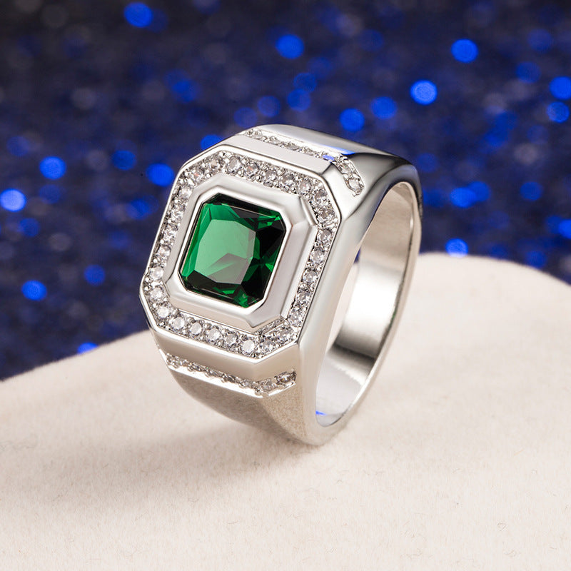 Mens Emerald Green Geometric Ring Copper White Gold Plated Diamond Accent Antique Style Dressy Ring Mens Style