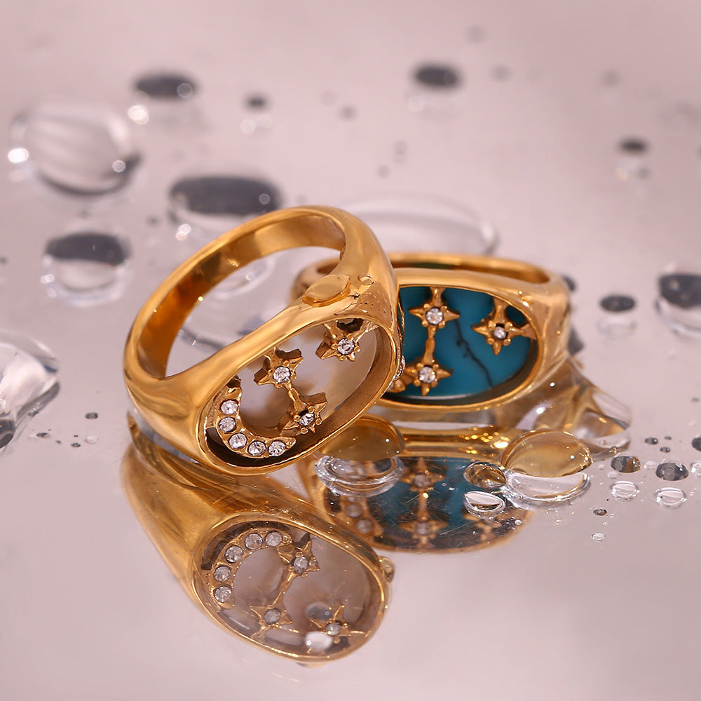 Stainless Steel Moon And Star Signet Ring For Women Vintage Oval Jewelry For Girls Fashion Ornament Gleaming Charm