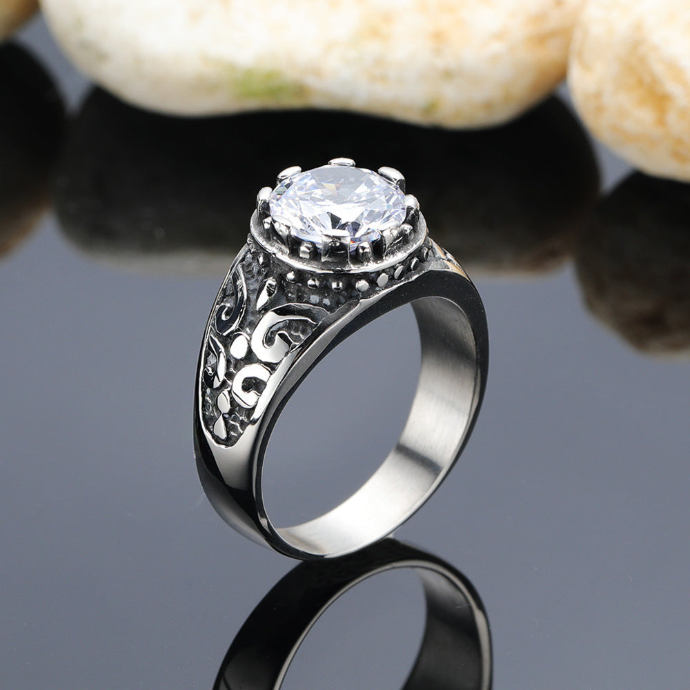 Mens Stainless Steel Ring With Gemstone Diamond Accent Geometric Design Titanium Band Jewelry Gift Anniversary