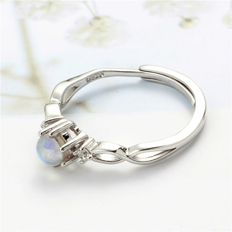 Womens Moonstone Sterling Silver Inlay Ring With Open Adjustable Band Wave Point Design Perfect Gift For Her Everyday