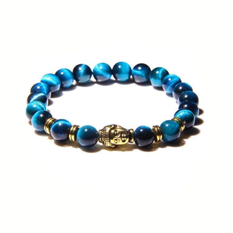 Unisex Matte Black 8mm Natural Stone Bracelet With Tiger Eye Beads And Double Buddha Head Accents Handmade Round