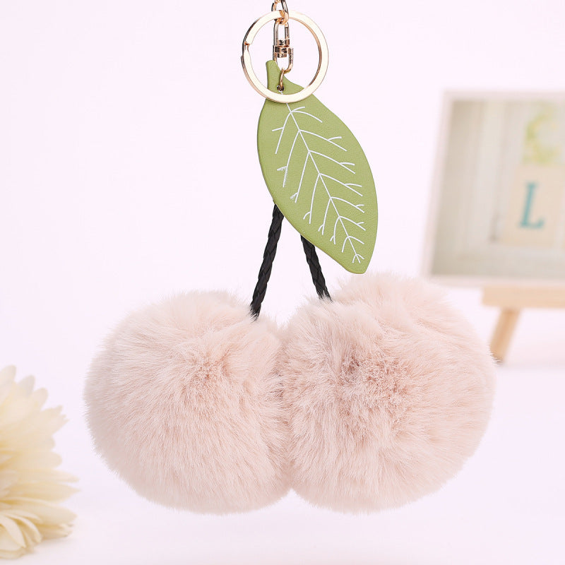 Womens Plush Cherry Keychain Cute Fruit Hair Ball Pendant Fluffy Pom Pom Handbag Charm Fashion Accessory Girls