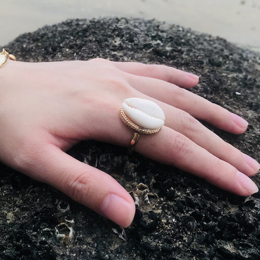 Adjustable Open Ring With Natural Seashell In Creative Alloy Wearable Jewelry For Women And Men Gold Tone Unisex
