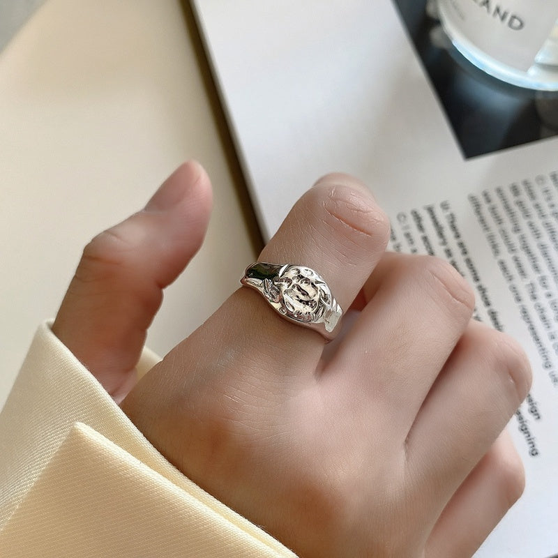 925 Sterling Silver Thick Ring Irregular Silver Inlay Statement Ring Korean Trendy Design Ring For Women And Girls