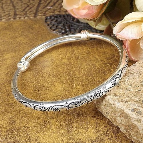 Unisex Aluminum Alloy Cuff Bracelet Hand Carved Seedling Design Electroplated Ethnic Bangle Individually Packed