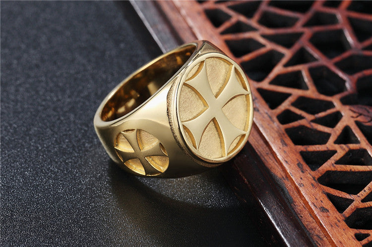 Men's Titanium Steel Ring Retro Cross Medal Design Statement Band Unique Personality Jewelry Gift for Him Fashion Accessory Black Steel Gold Tone