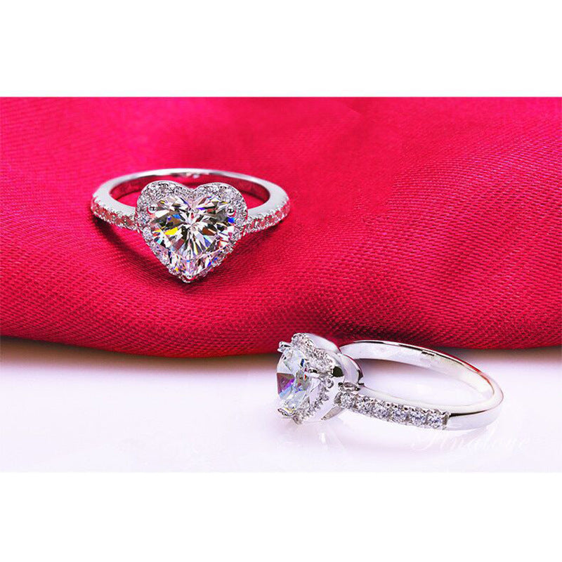 Womens Heart Shape Wedding Ring Alloy Simulated Diamond Micro Set Ring European Individually Packed White Gold