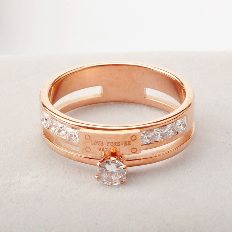 Retro Double Diamond Ring for Index Finger Rose Gold Titanium Steel Drop Shape Women Jewelry Korean Style Ring
